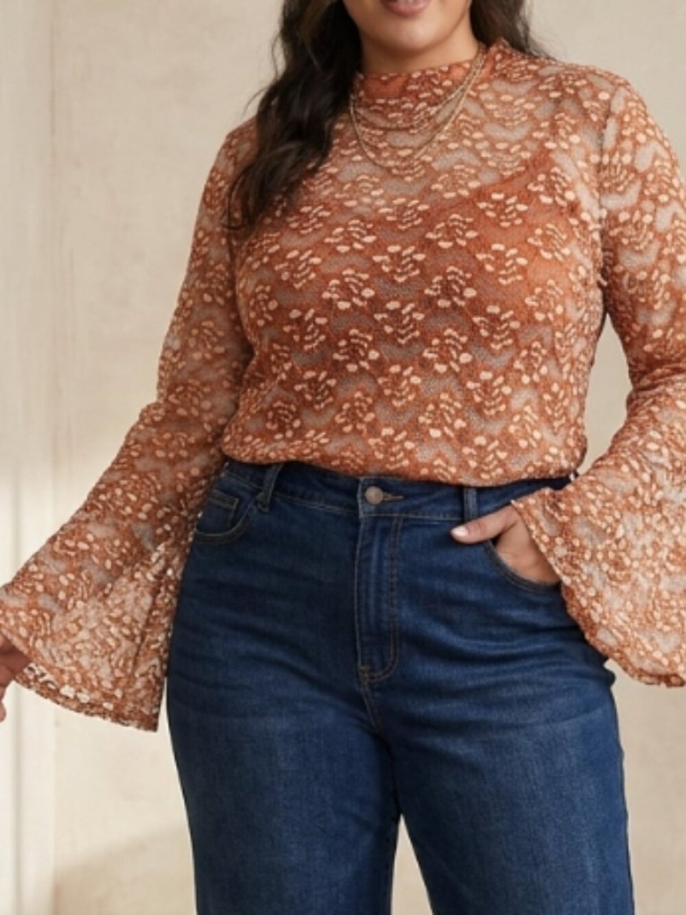 Umgee Sheer Floral Lace Mesh Rust Blouse Top XL Boho Festival Romantic Layer